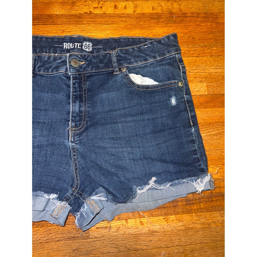 Route 66 Women 12 Blue Denim Jean Dark Wash Distressed Raw Cuffed Hem Shorts - Picture 2 of 6